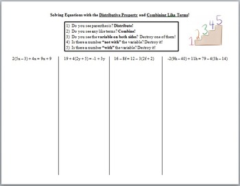 Preview of Solving Multi-Step Equations with Distributive Property and Combining Like Terms