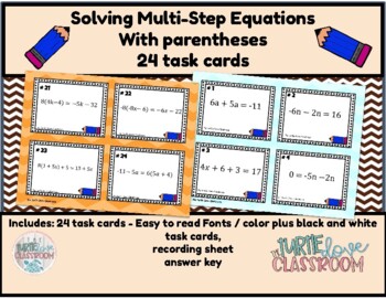 Preview of Solving Multi-Step Equations with Parentheses -24 Task Cards. Print and Teach !