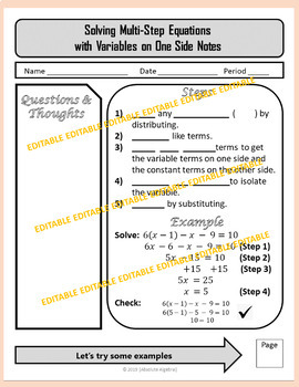 Solving Multi Step Equations With Variables On One Side Notes Homework U1