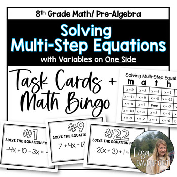Preview of Solving Multi Step Equations with Variables on One Side Task Cards and Bingo