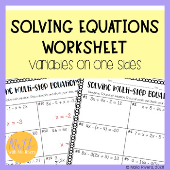 Preview of Solving Multi Step Equations with Variables on One Side Worksheet Pre Algebra