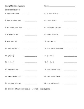 Preview of Solving Multi-Step Equations (worksheet & quiz with keys)