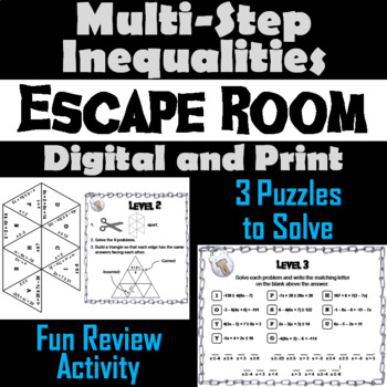 Preview of Solving Multi Step Inequalities Activity: Algebra Escape Room Math Game