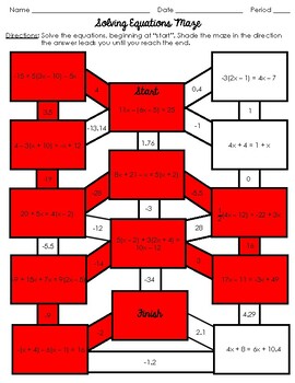 Preview of Solving Multi-Step Linear Equations Maze Activity