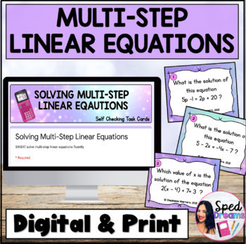 Preview of Solving Multi-Step Linear Equations Task Cards Digital Self Checking and Print 