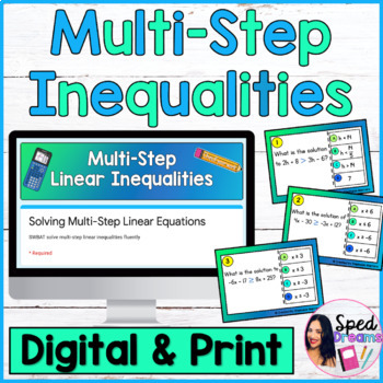 Preview of Solving Multi-Step Linear Inequalities Task Cards Digital Self Checking Print 