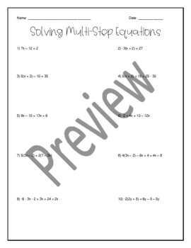 Preview of Solving Multi-step Equations Worksheet, Homework, or Quiz WITH ANSWER KEY