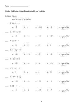 Solving Multi Step Linear Equations One Variable Test Bank By