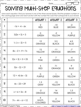 MultiStep Equations Coloring Worksheet by Lindsay Perro  TpT