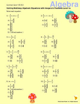 Preview of Solve Multistep Algebra Equations with Integers and Fractions Level 1a 7.EE.B.3