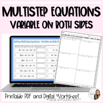 Preview of Solving Multistep Equations (variable on both sides) Digital and Paper Worksheet