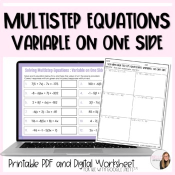Preview of Solving Multistep Equations (variable on one side) Digital and Paper Worksheet