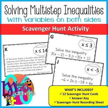 Preview of Solving Multistep Inequalities with Variables on Both Sides | Scavenger Hunt