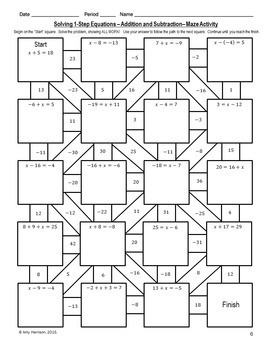 solving one step additionsubtraction equations maze by