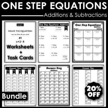 Preview of Solving One Step Equations Activity Bundle Worksheets & Task Cards