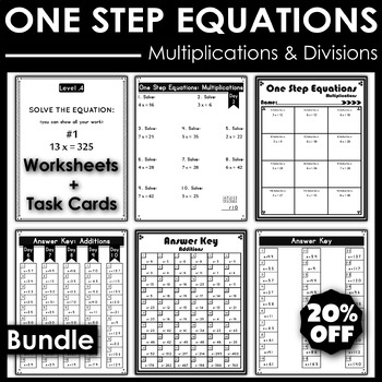 Preview of Solving One Step Equations Activity Bundle Worksheets & Task Cards