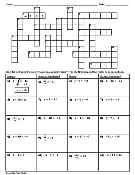 Preview of Two Separate Crossword Puzzles - Solving One-Step Equations