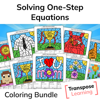 Preview of Solving One-Step Equations | Father's Day & Mother's Day Math Coloring Bundle