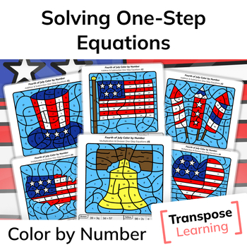 Preview of Solving One-Step Equations | Fourth of July Math Color by Number Worksheets