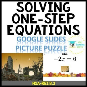 Preview of Solving One-Step Equations: Google Slides Picture Puzzle - 20 Problems