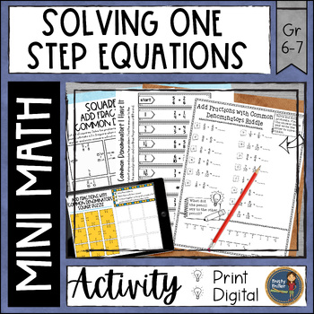 Preview of Solving One Step Equations Math Activities Puzzles and Riddle - Print & Digital