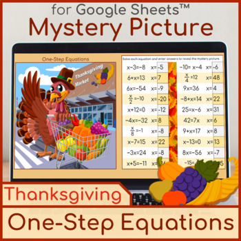 Preview of Solving One Step Equations Math Mystery Picture Thanksgiving Market
