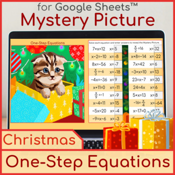 Preview of Solving One Step Equations Mystery Picture Christmas Kitten Pixel Art