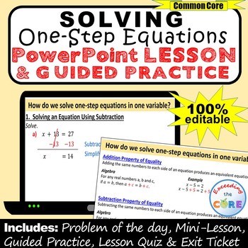 Preview of SOLVING ONE-STEP EQUATIONS PowerPoint Lesson and Practice | Distance Learning