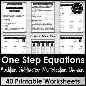 Preview of Solving One Step Equations Printable Worksheets