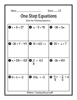 Preview of Solving One Step Equations TEST / WORKSHEET { All Operations }