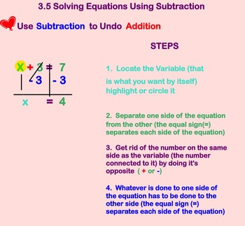 Preview of Solving One Step Equations Using Subtraction on smart board Notes and assignment