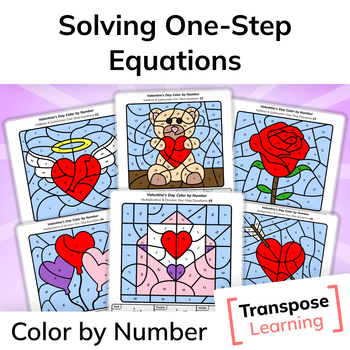 Preview of Solving One-Step Equations | Valentine's Day Math Color by Number Worksheets