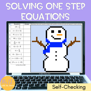 Preview of Solving One Step Equations Winter Pixel Art Digital Self Checking for 6th Grade