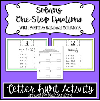 Preview of Solving One-Step Equations With Positive Rational Solutions Letter Hunt Activity