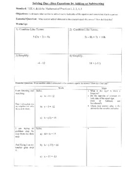 Preview of Solving One-Step Equations by Adding/Subtracting (7.EE.1; Math Pract. 1,2,3,4,5)