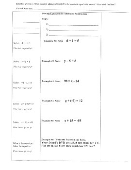 Preview of Solving One-Step Equations by Adding/Subtracting- Cornell Notes (7.EE.1;)