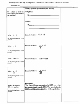 Preview of Solving One-Step Equations by Mult./Dividing - Cornell Notes (7.EE.1)