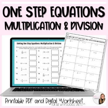Preview of Solving One Step Equations (multiplication/division) Digital and Paper Worksheet