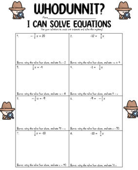 Preview of Solving One Step Equations with Fraction Coefficients Whodunnit EDITABLE