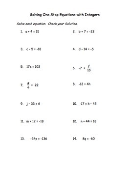 Solving One Step Equations with Integers by Math Jewels TpT