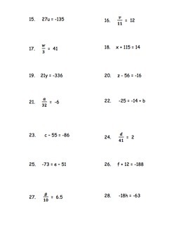 one step equations with integers worksheet