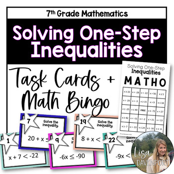 Preview of Solving One Step Inequalities - 7th Grade Math Task Cards and Bingo