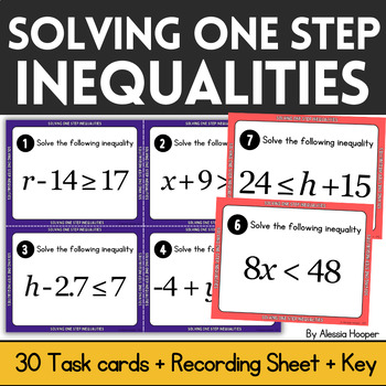 Preview of Solving One Step Inequalities Algebra Task Cards 7 Grade Math