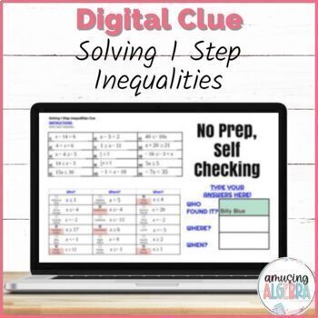 Preview of Solving One Step Inequalities DIGITAL Clue Mystery Activity