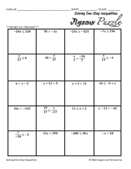 Solving One Step Inequalities Jigsaw Puzzle by MATH SQUARE | TpT