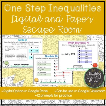 Preview of Solving One Step Inequalities Paper and Digital Escape Room | Distance Learning