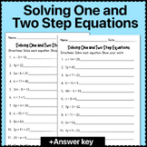 Solving One and Two-Step Equations Math Worksheet - Answer Key