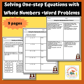 Preview of Solving One-step Equations with Whole Numbers +Word Problems worksheets