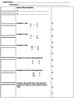 Preview of Solving Proportions Cornell Notes (7.RP.2;7.RP.2a; Mathematical Practices:1,3,4)