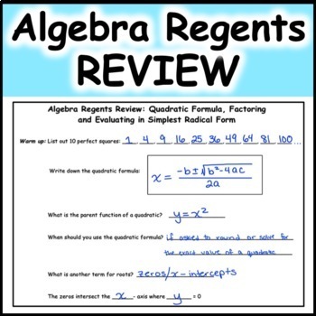 Preview of Solving Quadratic Equations Algebra 1 Common Core Regents Review